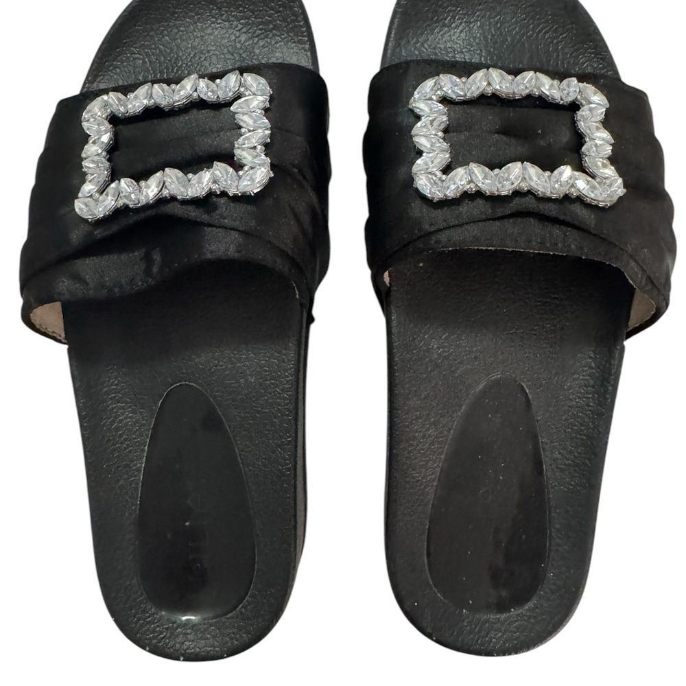 Black and Silver Slide Sandals with Decorative Embellishment